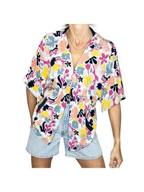 Simons TWIK open front blue multi colour floral short kimono jacket M